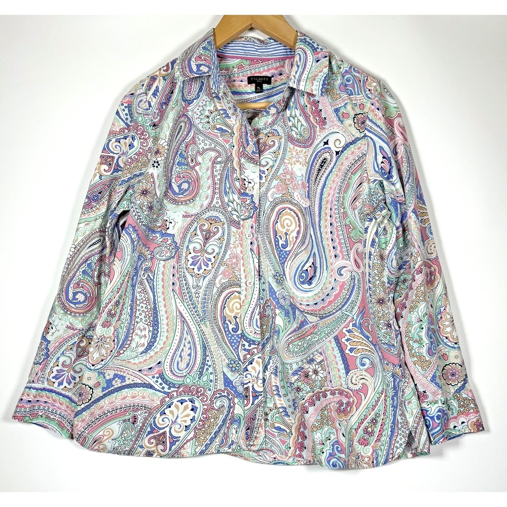 Talbots Shirt Womens Medium Petite Multicolor Paisley Button Down Cotton Blouse